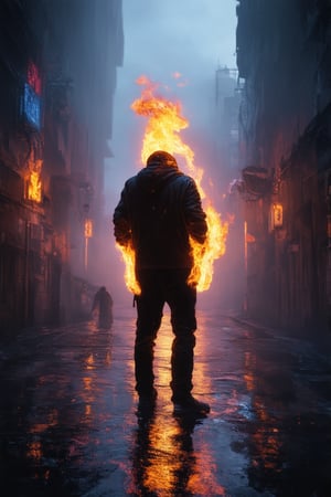 A gritty cyberpunk scene unfolds: a lone figure, a rebellious hacker, stands at the edge of a smog-filled alleyway. Flickering neon signs reflect off wet pavement, casting an eerie glow. The hacker's gaze is fixed on a massive holographic display projecting a cityscape in ruin. One hand grasps a cyberdeck, while the other holds a cigarette, its flame dancing in the damp air.