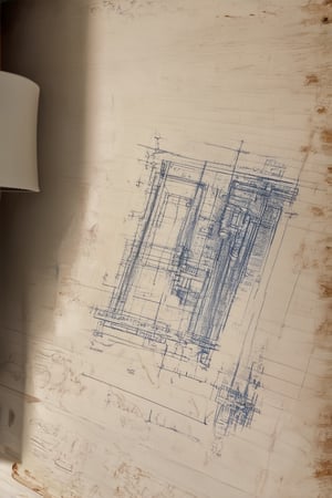 A close-up shot of a vintage blueprint sketch on a worn wooden desk. Soft, warm light emanates from the lamp in the corner, casting a gentle glow on the intricate drawings and scribbled notes. The camera zooms in on the sketch's precise lines and curves, capturing the delicate beauty of architectural blueprints.