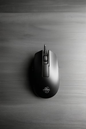 A close-up shot of a sleek black gaming mouse, 'Pixel All In', positioned on a minimalist wooden desk with a subtle gradient lighting effect. The mouse's angular design and vibrant color scheme take center stage, framed by the dark wood grain. The lens is focused on the mouse's textured surface, emphasizing its precision engineering.