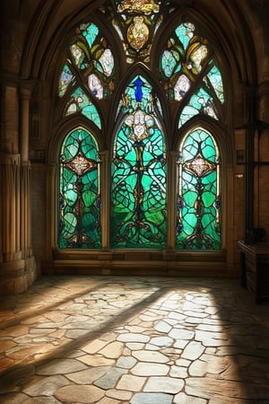 Vibrant stained glass panels adorn the medieval-style chapel's nave, casting kaleidoscopic shadows on the stone floor as sunlight filters through intricate patterns of emerald green, sapphire blue, and amber hues. The gentle light highlights the delicate curves of the Gothic arches, while the rich colors evoke a sense of spirituality and ancient beauty.