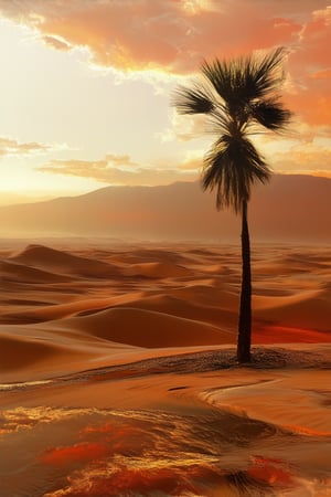 A sweeping desert landscape at dusk, with golden sand dunes stretching to the horizon. A lone palm tree stands tall, its fronds silhouetted against a vibrant orange and pink sky. The sun's final rays cast a warm glow on the sandy terrain, as a distant mountain range rises in the background, painted with hues of crimson and gold.