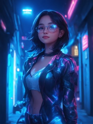 In a neon-lit alleyway, a cyberpunk girl with clear glasses and intricate details gazes up at the stars. The golden ratio guides the composition, as she poses confidently, her outfit shimmering in 32k UHD. Digital painting mastery by Artgerm or Loish brings this fantasy to life, with smooth lines and sharp focus on every feature. Heartwarming warmth emanates from her charming smile, while detailed eyes sparkle like stars in a deep blue background, surrounded by vibrant colors and beautiful lighting effects, including light leaks, subsurface scattering, and rim lighting.