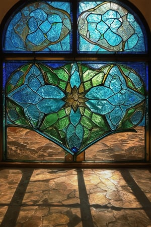 A stunning stained glass window installation, set against a warm, sunny afternoon sky, with vibrant blues and greens shimmering through intricate geometric patterns. Delicate lead lines divide kaleidoscopic colors, casting mesmerizing shadows on the adjacent stone floor.