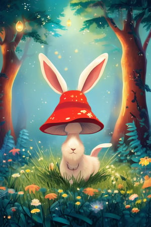 Vibrant 2D illustration of a whimsical forest scene: A curious rabbit in a bright red hat and matching cape stands atop a mushroom, surrounded by lush greenery and twinkling fireflies. Soft focus trees and wildflowers bloom in the background, with warm golden lighting casting a magical glow.