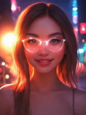 In a neon-lit cyberpunk cityscape, a striking young woman stands out against the darkness. Wearing clear neon glasses that glow with an inner intensity, her eyes sparkle like stars. Her face is a masterpiece of intricate details, with smooth, sharp focus and highest quality rendering. Golden ratio principles guide the composition, drawing the viewer's gaze to her charming smile. The setting sun casts a warm glow, with light leaks and subsurface scattering adding depth and dimensionality. Rim light accentuates her features, while vibrant complementary colors dance in the background, creating a sense of ever after high fantasy. Art by Artgerm, Loish, or Wlop, this digital painting is an octane render of pure delight.