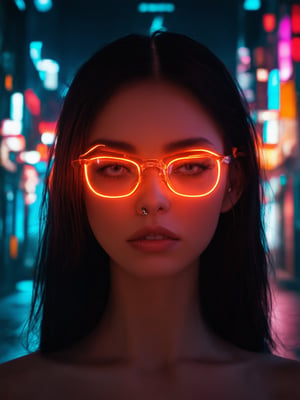 A cyberpunk beauty, bathed in a warm glow, wears clear neon glasses, her piercing gaze cutting through the shadows. In the midst of a decadent cityscape, she stands out with intricate details framing her face, adhering to the golden ratio. Soft light leaks and subsurface scattering accentuate her features, while rim lighting highlights her sharp jawline. Her vibrant eyes seem to sparkle like neon signs in the darkness, as if infused with an otherworldly energy. (32k UHD)