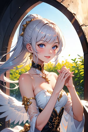 In a dreamlike atmosphere, a petite girl with an angelic countenance is depicted in exquisite detail. Her porcelain skin glows with a soft, ethereal light as she extends her hands in a delicate V-shape, the fingers intertwined in a gentle, whimsical gesture. The close-up framing emphasizes the intricate details of her features, from the fluttering eyelashes to the subtle curve of her smile.