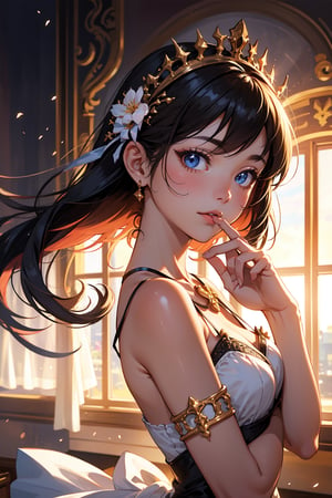 A stunning masterpiece of surreal beauty, showcasing a single girl with an air of cuteness. In a close-up shot, her delicate features are illuminated by soft, dreamy light. Her hands form a 'V' shape in front of her face, the intricate details of her skin and hair rendered in exquisite clarity. The subject's gaze is enchanting, drawing the viewer into a world of wonder.