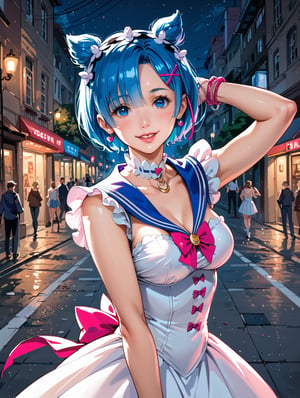 high detail, high quality, 4k quality, beauty, beautiful woman, //character, rem from re:zero, blue hair, sailor moon cosplay, flirty smile, thin waist, big chest // situation, night, street, ñuna, // pose, sexy pose, dynamic view, /Lora, perfect anatomy, perfect hands, score_9, score_8_up, score_7_up, score_6_up