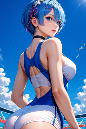 high detail, high quality, masterpiece, beauty, beautiful woman, 1 girl, RE:zero rem, bottom view, looking at viewer, (back, jumping, blue hair, beautiful face, detailed face, beautiful eyes, detailed eyes , black choker, sports blouse, Olympic bloomer, big chest, jumping obstacle) background detail, obstacle course, obstacles, bright light, Score_9, Score_8_up, Score_7_up, Score_6_up,