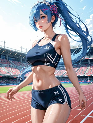 high detail, high quality, 4k quality, beauty, beautiful woman, //character, rem from re:zero, blue hair, long hair, ponytail, sports top, sports shorts, slim waist, // situation, race track , sunset, // pose, running, sweat, dynamic view, /Lora, perfect anatomy, perfect hands, score_9, score_8_up, score_7_up, score_6_up