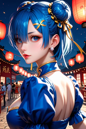 high detail, high quality, masterpiece, beauty, medium high shot, 1 girl, alone, rem from RE:zero, (blue hair, back view, chun-li hairstyle, detailed eyes, beautiful eyes, bright eyes, big chest , black choker, beautiful face, detailed face, chun-li cosplay) background details, Chinese festival, Chinese lamps, night, moonlight, Score_9, Score_8_up, Score_7_up, Score_6_up,