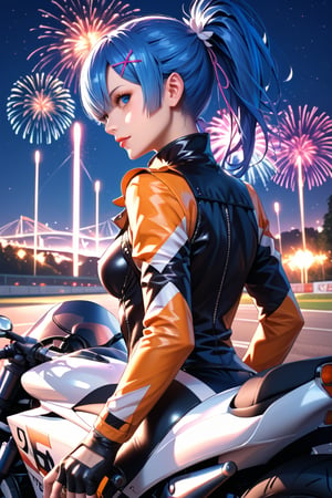 high detail, high quality, masterpiece, beauty, 1 girl, alone, back view, RE:zero rem (blue hair, tied hair, beautiful eyes, detailed eyes, beautiful face, detailed face, tight-fitting colorful biker suit, helmet in hand, fingerless leather gloves, motorcyclist boots, leaning on a sports motorcycle, you can see the underwear) background detail, (sports motorcycle) race track, night, fireworks, Score_9, Score_8_up, Score_7_up, Score_6_up,