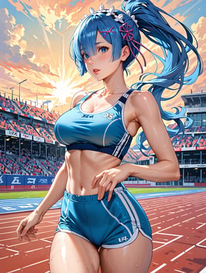 high detail, high quality, 4k quality, beauty, beautiful woman, //character, rem from re:zero, blue hair, long hair, ponytail, sports top, sports shorts, slim waist, // situation, race track , sunset, // pose, running, sweat, dynamic view, /Lora, perfect anatomy, perfect hands, score_9, score_8_up, score_7_up, score_6_up