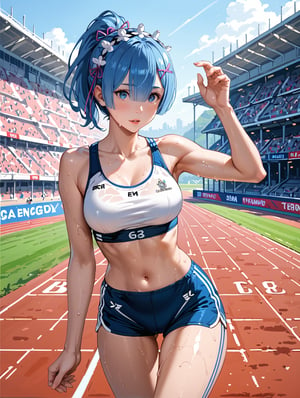 high detail, high quality, 4k quality, beauty, beautiful woman, //character, rem from re:zero, blue hair, long hair, ponytail, sports top, sports shorts, slim waist, // situation, race track , sunset, // pose, running, sweat, dynamic view, /Lora, perfect anatomy, perfect hands, score_9, score_8_up, score_7_up, score_6_up