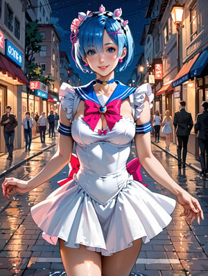 high detail, high quality, 4k quality, beauty, beautiful woman, //character, rem from re:zero, blue hair, sailor moon cosplay, flirty smile, thin waist, big chest // situation, night, street, ñuna, // pose, sexy pose, dynamic view, /Lora, perfect anatomy, perfect hands, score_9, score_8_up, score_7_up, score_6_up