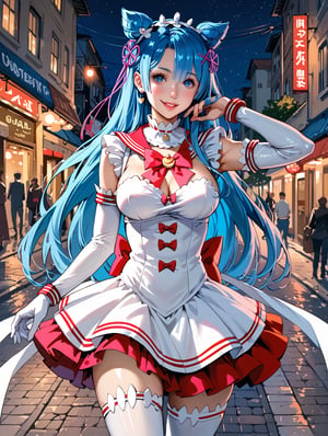 high detail, high quality, 4k quality, beauty, beautiful woman, //character, rem from re:zero, blue hair, long hair, two tails, sailor moon cosplay, flirty smile, thin waist, big chest // situation, night, street, ñuna, // pose, sexy pose, dynamic view, /Lora, perfect anatomy, perfect hands, score_9, score_8_up, score_7_up, score_6_up