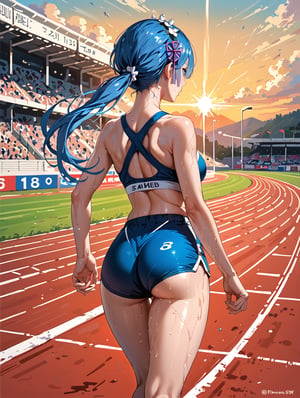 high detail, high quality, 4k quality, beauty, beautiful woman, //character, rem from re:zero, blue hair, long hair, ponytail, sports top, sports shorts, slim waist, // situation, race track , sunset, // pose, back, running, sweat, dynamic view, /Lora, perfect anatomy, perfect hands, score_9, score_8_up, score_7_up, score_6_up