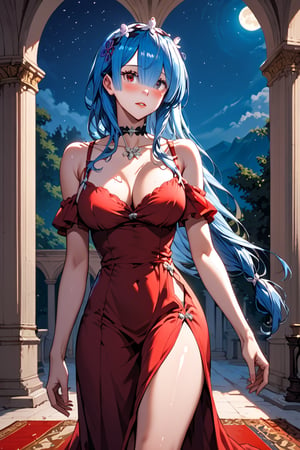 high detail, high quality, masterpiece, 4k, beauty, beautiful woman, //character, rem from RE:zero, blue hair, long hair, loose hair, beautiful eyes, detailed face, blushing, black choker, bright red dress, low-cut dress, dress with opening in the leg, big chest, thin waist, //situation, night, red carpet, limousine, cameramen, //pose, walked, diamic view, perfect body, perfect hands, score_9, score_8_up, score_7_up, score_6_up