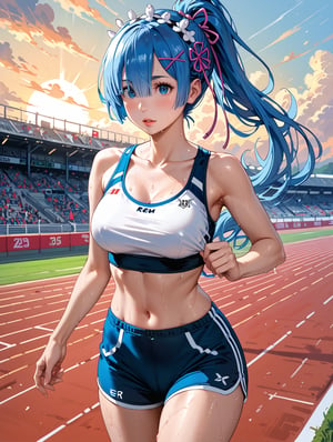 high detail, high quality, 4k quality, beauty, beautiful woman, //character, rem from re:zero, blue hair, long hair, ponytail, sports top, sports shorts, slim waist, // situation, race track , sunset, // pose, running, sweat, dynamic view, /Lora, perfect anatomy, perfect hands, score_9, score_8_up, score_7_up, score_6_up