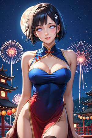 high detail, high quality, masterpiece, beauty, beautiful woman, 1 girl, Hinata Hyuga from boruto, looking at viewer, full body, (black hair, short hair, beautiful face, detailed face, beautiful eyes, detailed eyes, white eyes , flirty smile, blushing, Chinese dress, black stockings, big chest) background detail, night, carnival, bright light, fireworks, moon, Score_9, Score_8_up, Score_7_up, Score_6_up,