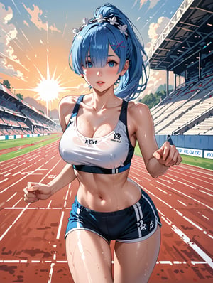 high detail, high quality, 4k quality, beauty, beautiful woman, //character, rem from re:zero, blue hair, long hair, ponytail, sports top, sports shorts, slim waist, // situation, race track , sunset, // pose, running, sweat, dynamic view, /Lora, perfect anatomy, perfect hands, score_9, score_8_up, score_7_up, score_6_up