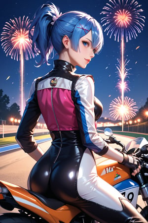 high detail, high quality, masterpiece, beauty, 1 girl, alone, back view, RE:zero rem (blue hair, tied hair, beautiful eyes, detailed eyes, beautiful face, detailed face, tight-fitting colorful biker suit, helmet in hand, fingerless leather gloves, motorcyclist boots, leaning on a sports motorcycle, you can see the underwear) background detail, (sports motorcycle) race track, night, fireworks, Score_9, Score_8_up, Score_7_up, Score_6_up,