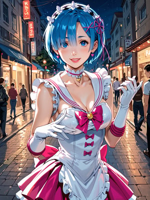 high detail, high quality, 4k quality, beauty, beautiful woman, //character, rem from re:zero, blue hair, sailor moon cosplay, flirty smile, thin waist, big chest // situation, night, street, ñuna, // pose, sexy pose, dynamic view, /Lora, perfect anatomy, perfect hands, score_9, score_8_up, score_7_up, score_6_up