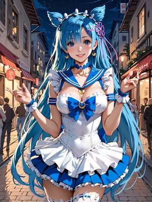 high detail, high quality, 4k quality, beauty, beautiful woman, //character, rem from re:zero, blue hair, long hair, two tails, sailor moon cosplay, flirty smile, thin waist, big chest // situation, night, street, ñuna, // pose, sexy pose, dynamic view, /Lora, perfect anatomy, perfect hands, score_9, score_8_up, score_7_up, score_6_up