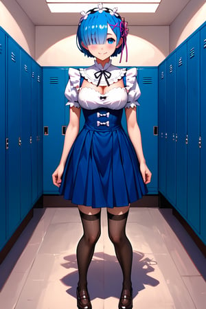 high detail, high quality, masterpiece, beautiful woman, 1 girl, rem from Re:zero, full body, (blue hair, two pigtails, beautiful face, detailed face, detailed eyes, blushing, flirty smile, blue school uniform, stockings white, thin waist, big chest) background detail, school yard, lockers, bright light, score_9, score_8_up, score_7_up, score_6_up