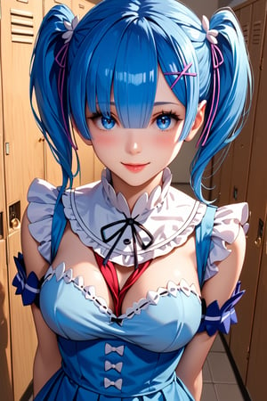 high detail, high quality, masterpiece, beautiful woman, 1 girl, Re:zero rem, medium high shot, (blue hair, two pigtails, beautiful face, detailed face, detailed eyes, blushing, flirty smile, blue school uniform, white stockings, thin waist, big chest) background detail, school yard, lockers, bright light, score_9, score_8_up, score_7_up, score_6_up