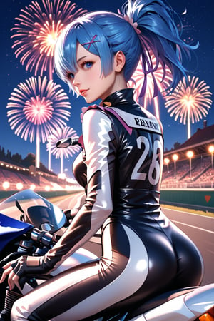 high detail, high quality, masterpiece, beauty, 1 girl, alone, back view, RE:zero rem (blue hair, tied hair, beautiful eyes, detailed eyes, beautiful face, detailed face, tight-fitting colorful biker suit, helmet in hand, fingerless leather gloves, motorcyclist boots, leaning on a sports motorcycle, you can see the underwear) background detail, (sports motorcycle) race track, night, fireworks, Score_9, Score_8_up, Score_7_up, Score_6_up,