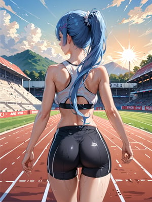 high detail, high quality, 4k quality, beauty, beautiful woman, //character, rem from re:zero, blue hair, long hair, ponytail, sports top, sports shorts, slim waist, // situation, race track , sunset, // pose, back, running, sweat, dynamic view, /Lora, perfect anatomy, perfect hands, score_9, score_8_up, score_7_up, score_6_up