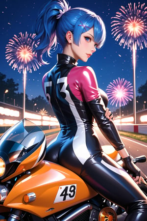 high detail, high quality, masterpiece, beauty, 1 girl, alone, back view, RE:zero rem (blue hair, tied hair, beautiful eyes, detailed eyes, beautiful face, detailed face, tight-fitting colorful biker suit, helmet in hand, fingerless leather gloves, motorcyclist boots, leaning on a sports motorcycle, you can see the underwear) background detail, (sports motorcycle) race track, night, fireworks, Score_9, Score_8_up, Score_7_up, Score_6_up,