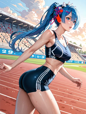 high detail, high quality, 4k quality, beauty, beautiful woman, //character, rem from re:zero, blue hair, long hair, ponytail, sports top, sports shorts, slim waist, // situation, race track , sunset, // pose, back, running, sweat, dynamic view, /Lora, perfect anatomy, perfect hands, score_9, score_8_up, score_7_up, score_6_up