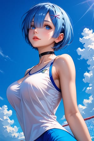 high detail, high quality, masterpiece, beauty, beautiful woman, 1 girl, RE:zero rem, bottom view, looking at viewer, (back, jumping, blue hair, beautiful face, detailed face, beautiful eyes, detailed eyes , black choker, sports blouse, Olympic bloomer, big chest, jumping obstacle) background detail, obstacle course, obstacles, bright light, Score_9, Score_8_up, Score_7_up, Score_6_up,