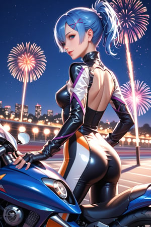 high detail, high quality, masterpiece, beauty, 1 girl, alone, back view, RE:zero rem (blue hair, tied hair, beautiful eyes, detailed eyes, beautiful face, detailed face, tight-fitting colorful biker suit, helmet in hand, fingerless leather gloves, motorcyclist boots, leaning on a sports motorcycle, you can see the underwear) background detail, (sports motorcycle) race track, night, fireworks, Score_9, Score_8_up, Score_7_up, Score_6_up,