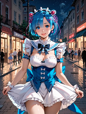 high detail, high quality, 4k quality, beauty, beautiful woman, //character, rem from re:zero, blue hair, sailor moon cosplay, flirty smile, thin waist, big chest // situation, night, street, ñuna, // pose, sexy pose, dynamic view, /Lora, perfect anatomy, perfect hands, score_9, score_8_up, score_7_up, score_6_up