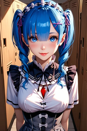 high detail, high quality, masterpiece, beautiful woman, 1 girl, Re:zero rem, medium high shot, (blue hair, two pigtails, beautiful face, detailed face, detailed eyes, blushing, flirty smile, gray school uniform, white stockings, thin waist, big chest) background detail, school yard, lockers, bright light, score_9, score_8_up, score_7_up, score_6_up