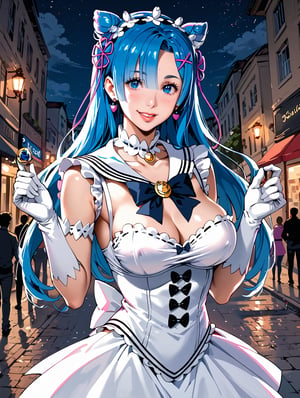 high detail, high quality, 4k quality, beauty, beautiful woman, //character, rem from re:zero, blue hair, long hair, sailor moon cosplay, flirty smile, thin waist, big chest // situation, night, street, ñuna, // pose, sexy pose, dynamic view, /Lora, perfect anatomy, perfect hands, score_9, score_8_up, score_7_up, score_6_up