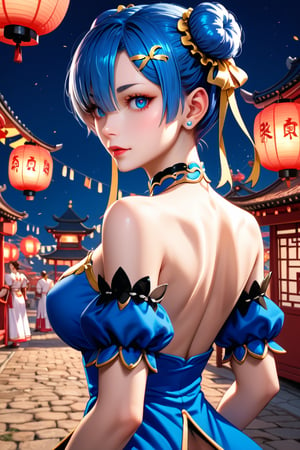 high detail, high quality, masterpiece, beauty, medium high shot, 1 girl, alone, rem from RE:zero, (blue hair, back view, chun-li hairstyle, detailed eyes, beautiful eyes, bright eyes, big chest , black choker, beautiful face, detailed face, chun-li cosplay) background details, Chinese festival, Chinese lamps, night, moonlight, Score_9, Score_8_up, Score_7_up, Score_6_up,