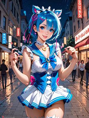 high detail, high quality, 4k quality, beauty, beautiful woman, //character, rem from re:zero, blue hair, sailor moon cosplay, flirty smile, thin waist, big chest // situation, night, street, ñuna, // pose, sexy pose, dynamic view, /Lora, perfect anatomy, perfect hands, score_9, score_8_up, score_7_up, score_6_up