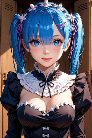 high detail, high quality, masterpiece, beautiful woman, 1 girl, Re:zero rem, medium high shot, (blue hair, two pigtails, beautiful face, detailed face, detailed eyes, blushing, flirty smile, Bible Black uniform, white stockings, thin waist, big chest) background detail, school yard, lockers, bright light, score_9, score_8_up, score_7_up, score_6_up