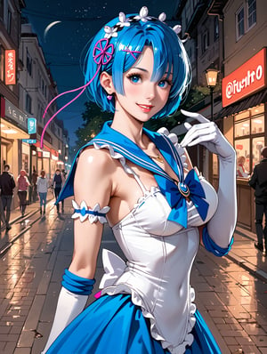 high detail, high quality, 4k quality, beauty, beautiful woman, //character, rem from re:zero, blue hair, sailor moon cosplay, flirty smile, thin waist, big chest // situation, night, street, ñuna, // pose, sexy pose, dynamic view, /Lora, perfect anatomy, perfect hands, score_9, score_8_up, score_7_up, score_6_up