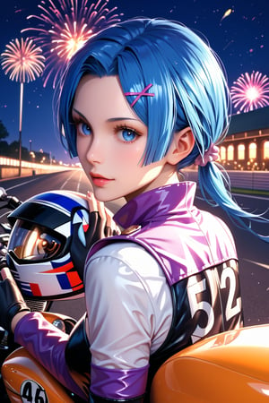 high detail, high quality, masterpiece, beauty, 1 girl, alone, back view, RE:zero rem (blue hair, tied hair, beautiful eyes, detailed eyes, beautiful face, detailed face, tight-fitting colorful biker suit, helmet in hand, fingerless leather gloves, motorcyclist boots, leaning on a sports motorcycle, you can see the underwear) background detail, (sports motorcycle) race track, night, fireworks, Score_9, Score_8_up, Score_7_up, Score_6_up,