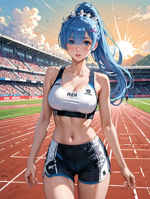 high detail, high quality, 4k quality, beauty, beautiful woman, //character, rem from re:zero, blue hair, long hair, ponytail, sports top, sports shorts, slim waist, // situation, race track , sunset, // pose, running, sweat, dynamic view, /Lora, perfect anatomy, perfect hands, score_9, score_8_up, score_7_up, score_6_up