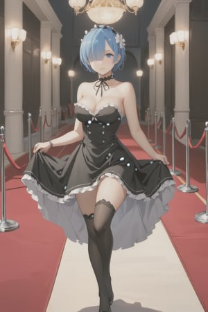 high detail, high quality, masterpiece, 4k, beauty, beautiful woman, //character, rem from RE:zero, blue hair, long hair, loose hair, beautiful eyes, blue eyes, detailed face, beautiful face, blushing, choker black, bright red dress, low-cut dress, dress with leg opening, big chest, thin waist, //situation, night, red carpet, limo, //pose, walked, diamic view, perfect body, perfect hands, score_9, score_8_up, score_7_up, score_6_up