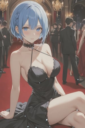 high detail, high quality, masterpiece, 4k, beauty, beautiful woman, //character, rem from RE:zero, blue hair, long hair, loose hair, beautiful eyes, blue eyes, detailed face, beautiful face, blushing, choker black, bright red dress, low-cut dress, dress with leg opening, big chest, thin waist, //situation, night, red carpet, limo, //pose, walked, diamic view, perfect body, perfect hands, score_9, score_8_up, score_7_up, score_6_up