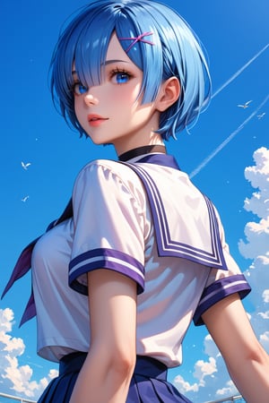 high detail, high quality, masterpiece, beauty, beautiful woman, 1 girl, RE:zero rem, bottom view, looking at viewer, (back, jumping, blue hair, beautiful face, detailed face, beautiful eyes, detailed eyes , black choker, sports school uniform, big chest, jumping obstacle) background detail, obstacle course, obstacles, bright light, Score_9, Score_8_up, Score_7_up, Score_6_up,