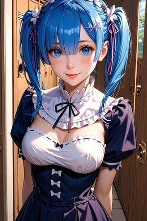 high detail, high quality, masterpiece, beautiful woman, 1 girl, Re:zero rem, medium high shot, (blue hair, two pigtails, beautiful face, detailed face, detailed eyes, blushing, flirty smile, Bible Black school uniform , white stockings, thin waist, big chest) background detail, school yard, lockers, bright light, score_9, score_8_up, score_7_up, score_6_up